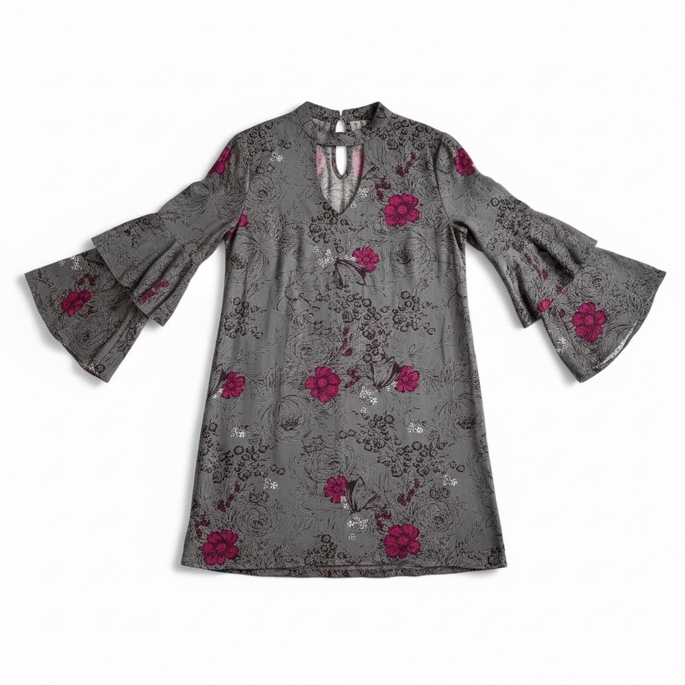 Anthropologie Gray Dress with Fuchsia Floral Print and Bell Sleeves